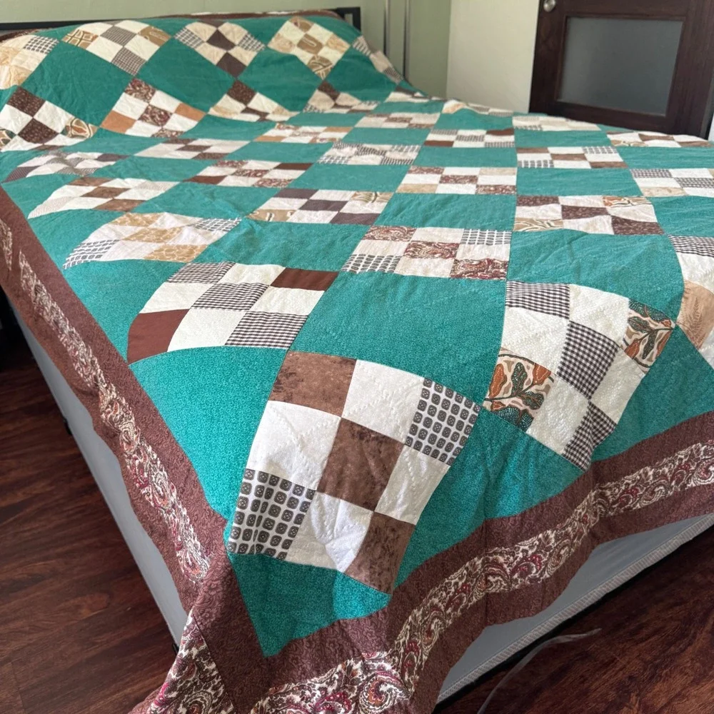 Handmade Patchwork Quilt Teal Brown Paisley Reversible Queen King 78x102